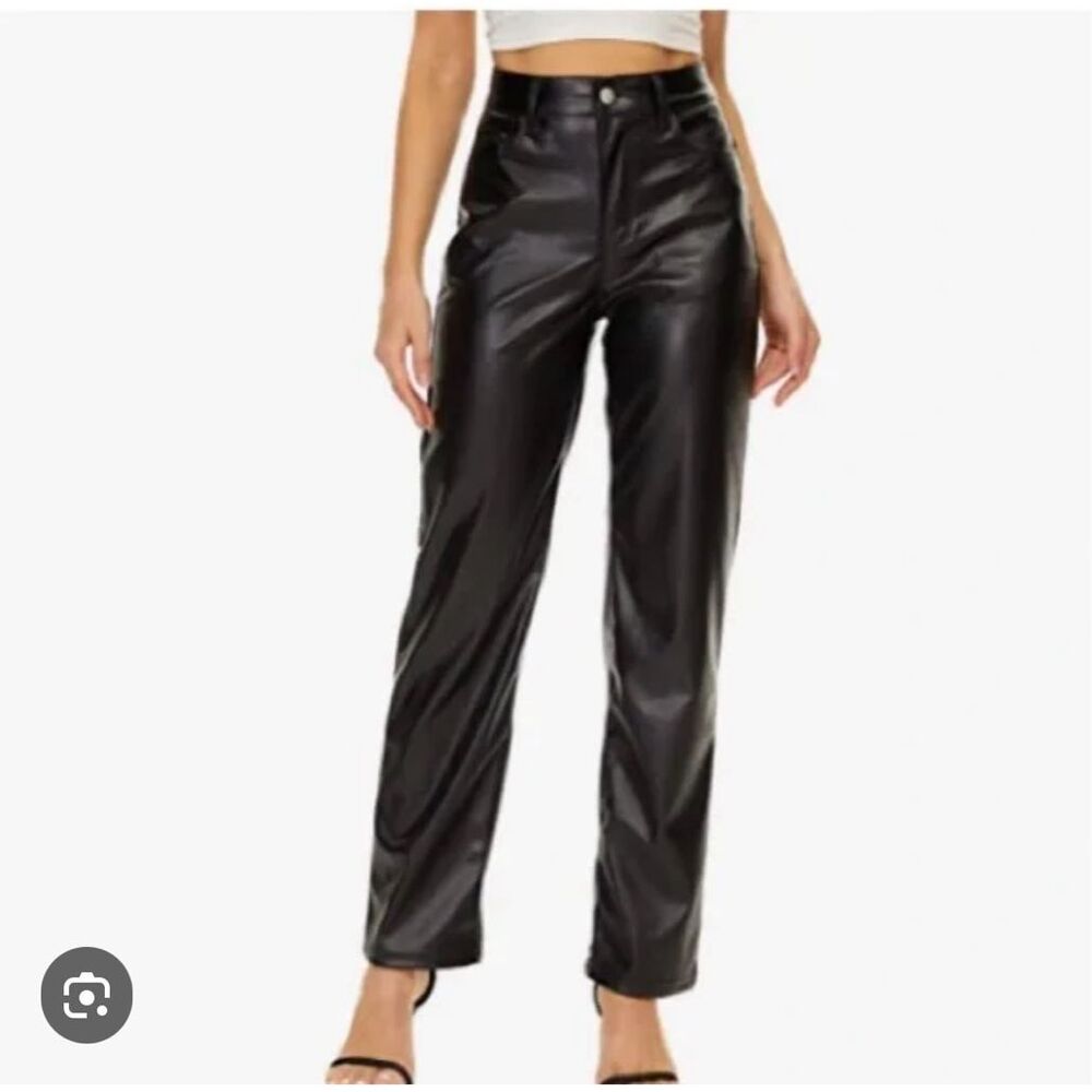 H&M NWT Black Vegan Faux Leather High Waist Straight Leg Pants Size 4